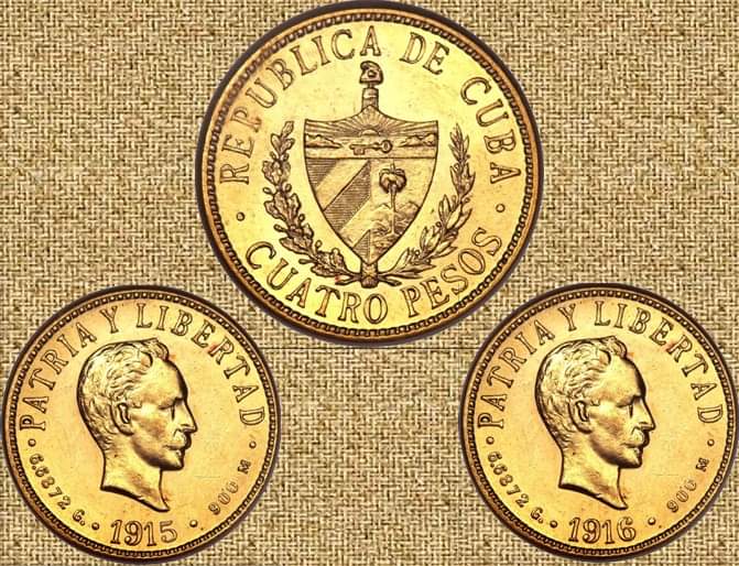 Monedas de Oro Cuba Cuatro Pesos