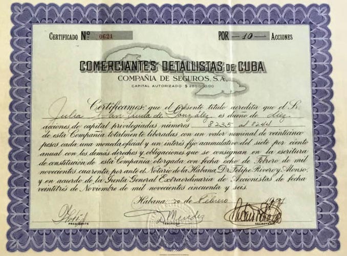 Comerciantes Detallistas de Cuba. Compañía de Seguros