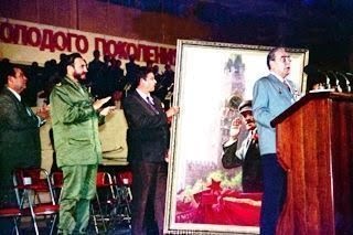El Primer Ministro de Cuba Fidel Castro y el Secretario General del Comité Central del PCUS Leonid Brézhnev durante el acto inaugural de la Lenin el 31 de enero de 1974