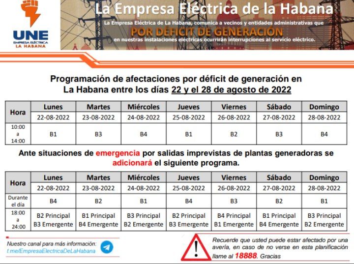 Programación de apagones en La Habana del 18 al 22 de agosto