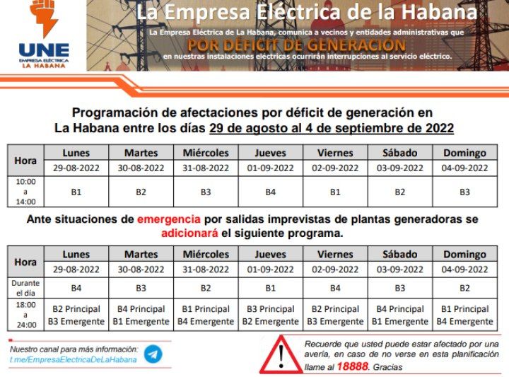 Programación de apagones para La Habana semana del 29 de agosto al 4 de septiembre