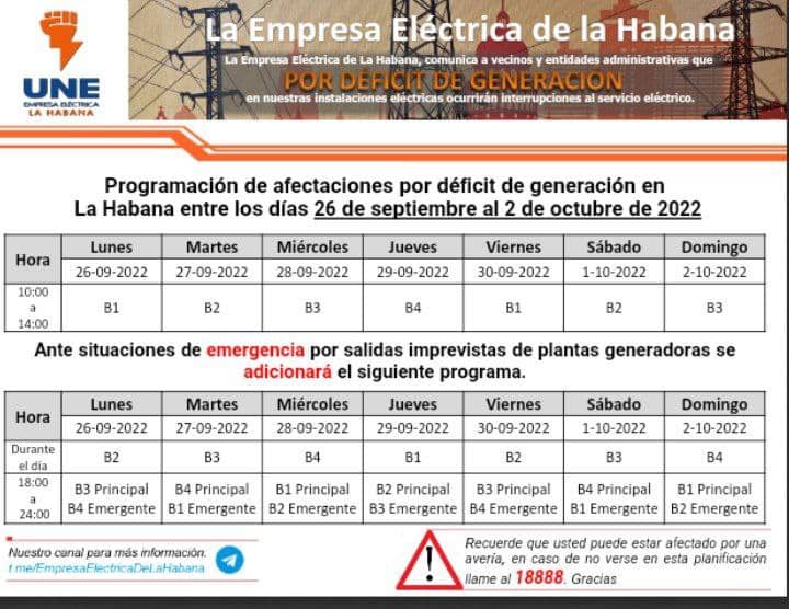 Programación de apagones en La Habana, semana del 26 de septiembre al 2 de octubre de 2022