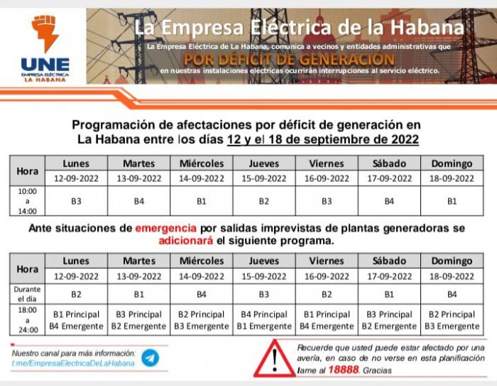 Programación de apagones en La Habana del 12 al 18 de septiembre