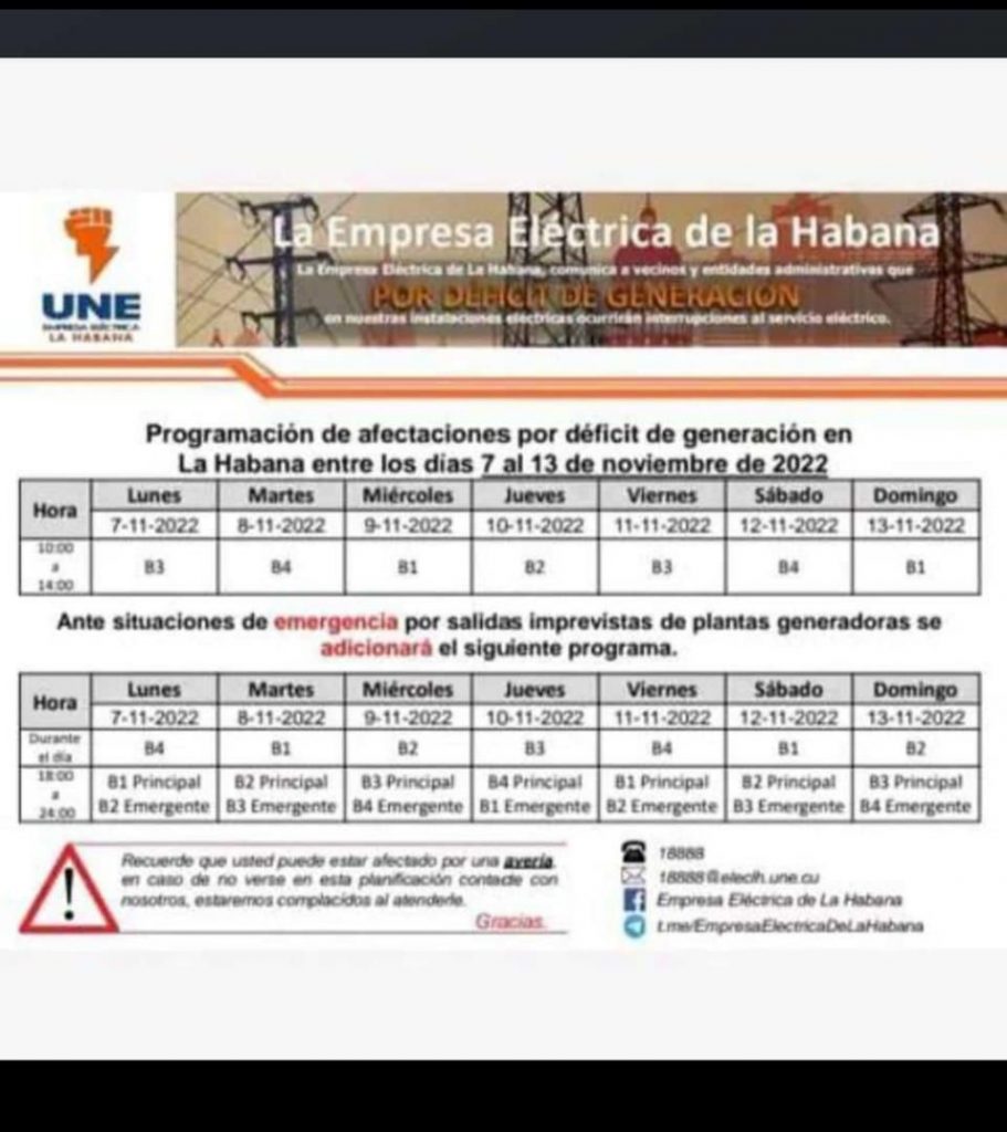 Programa de apagones de 7 al 13 de noviembre Habana